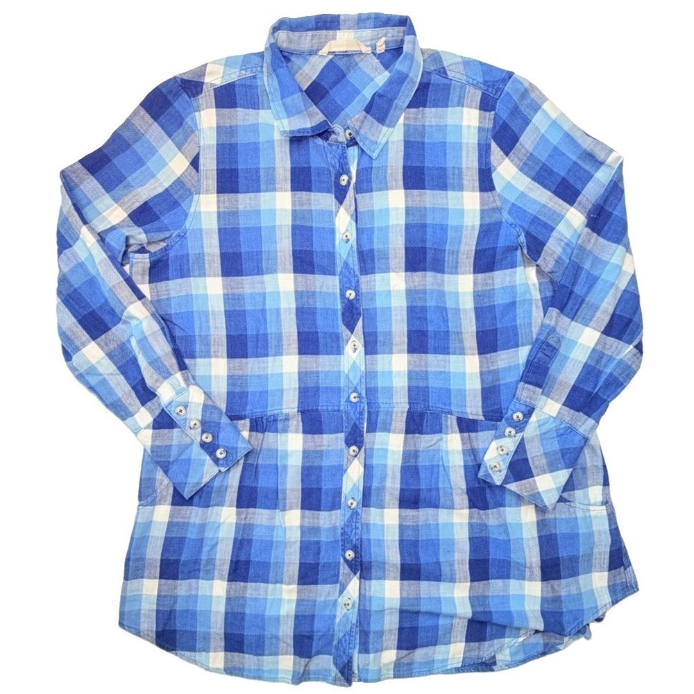 Soft Surroundings Women's XL Blue Plaid Cotton Tunic Shirt Button Front Pockets - Picture 2 of 8